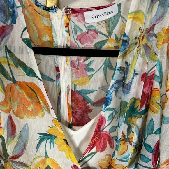 Calvin Klein White Floral Wrap Dress with Red, Yellow & Blue Blooms - Picture 5 of 5